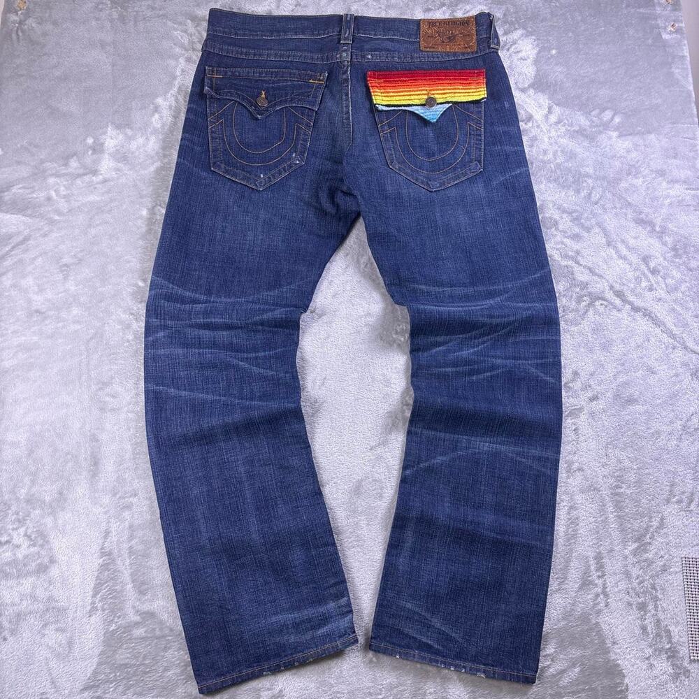 True Religion Ricky Baja Jeans Men’s 38 Blue Straight Leg Serape Pocket Denim